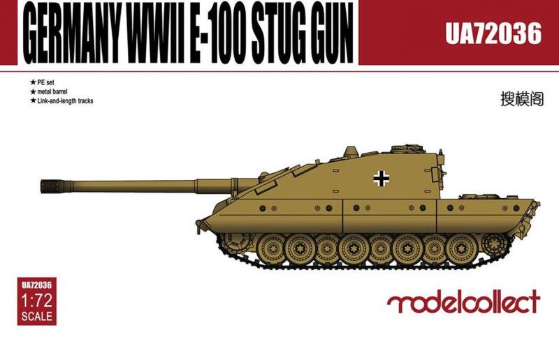 Germany WWII E-100 Stug Gun; maratással, fém lövegcsővel, részletes motor és motortér