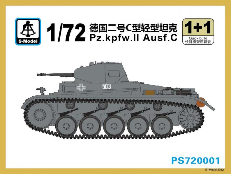 S-Model 720001 Pz.Kpfw.II Ausf C (2 kits); 2 makett a dobozban, maratás, fém lövegcső