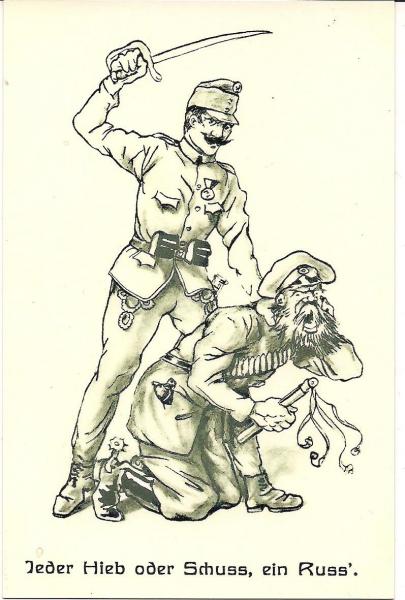A háborús propaganda ma képeslapokon kapható.

A nyalka huszár móresre tanítja a kancsukás muszkát