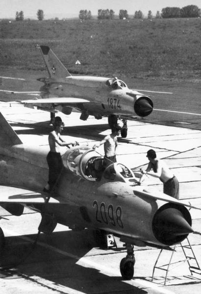 Hungarian Air Force MiG-21bis fighters at Taszar Airbase, 1979.
