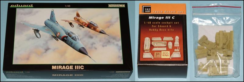 1. Eduard 8101 MIRAGE IIIC ProfiPack + S.B.S model 1/48 Mirage III C kabinbelső és futóműakna feljavító (Eduard és Hobby Boss maketthez) + Mirage III műgyanta kabinbelső (NeOmega másolat Italeri maketthez) (Összesen: 10.000 Ft)