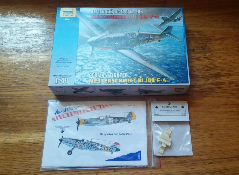 Zvezda 1/48
4806 Messerschmitt Bf-109F-4
+ Aeromaster 48-220 Hungarian Air Force Pt. I. (a matricák közül a G-10-é hiányzik, a másik 3 géphez hiánytalanul megvan minden)
+ Ultracast 48023 Messerschmitt Bf-109 seats (2 db)