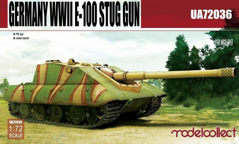 Modelcollect UA72036 Germany WWII E-100 Stug Gun; maratással, fém lövegcsővel, részletes motor és motortér