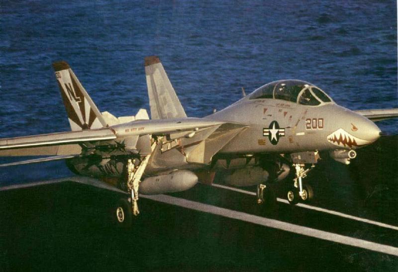 US Navy Grumman F 14A Tomcat assigned to the Sundowners of Fighter Squadron VF 111 lands aboard the aircraft carrier USS Kitty Hawk CV 63 .