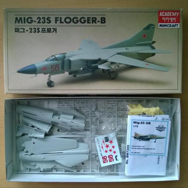 MIG-23S	1/72	Academy, főbb darabok leválasztva, +Balaton Modell UB átalakító készlet
