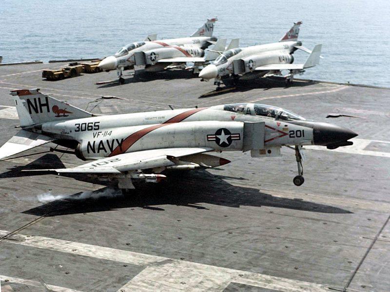 F-4B Phantom from VF-114 return from an bombing mission in Vietnam 1968. The carrier is the USS Kitty Hawk CV-63.