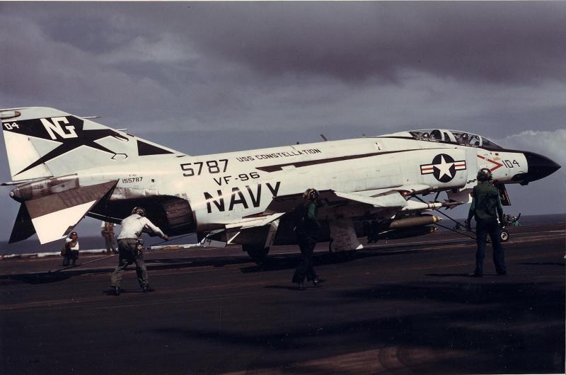 F-4J Phantom II aircof Fighter Squadron  96 pictured on a catapult on board the carrier Constellation (CVA 64) steaming in the Gulf of Tonkin during Operation Linebacker, May 10, 1972.