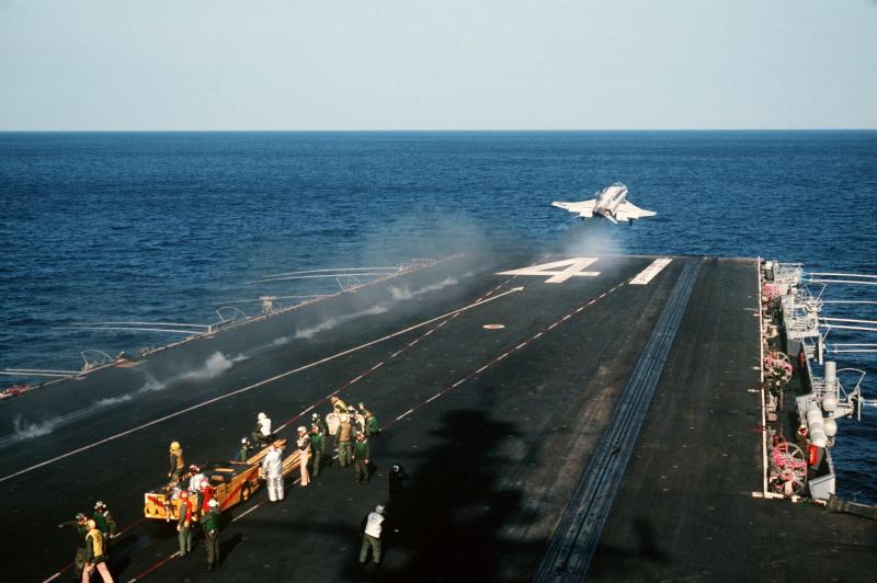 F-4S Phantom II aircraft is catapulted from the flight deck of the aircraft carrier USS MIDWAY (CV 41).