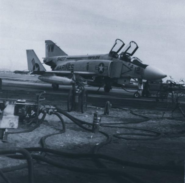 A VMFA-314 Black Knights F-4 Phantom II pictured during refueling at Chu Lai, Republic of Vietnam, in 1968.