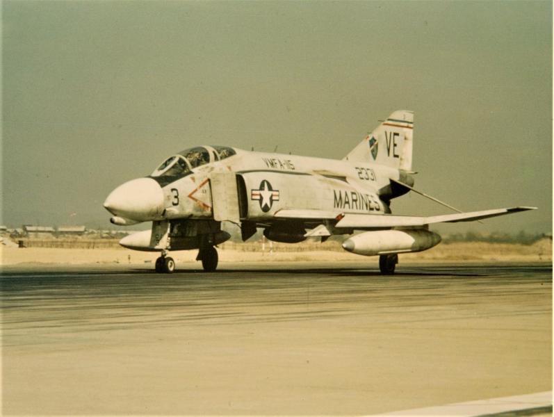 An F-4B Phantom II of the VMFA-115 Silver Eagles taxis at Chu Lai, Republic of Vietnam in 1968.