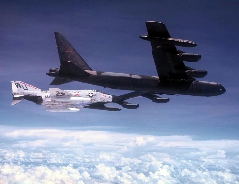 USAF B-52D Stratofortress and USMC F-4J Phantom II VMFA-334 over Vietnam, c1969