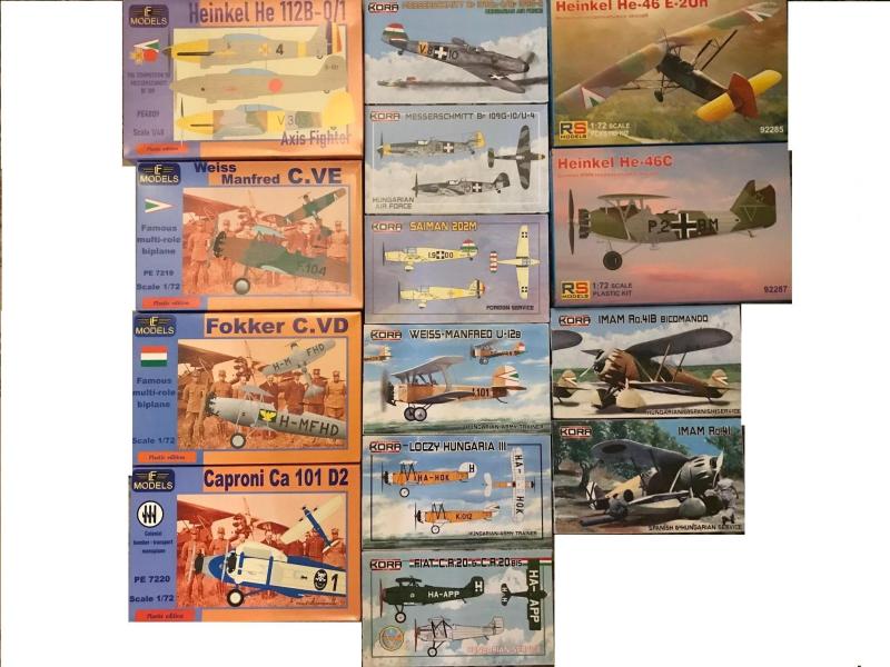 Vegyes

1:72, 1:48

Bal oldali sor:
HE-112: 13000Ft
Weiss Manfred CVE és CVD: 8000Ft/db
Caproni Ca-101: 13000Ft

Középső sor:
Bf-109G (magyar matricás): 7000Ft/db
Saiman: 8000Ft
Weiss Manfred: U-12, Lóczy: 9500Ft/db
Fiat Cr-20: 8000Ft

Jobb oldali sor:
He-46: 7500Ft/db
Romero Ro-37: 9500Ft/db
