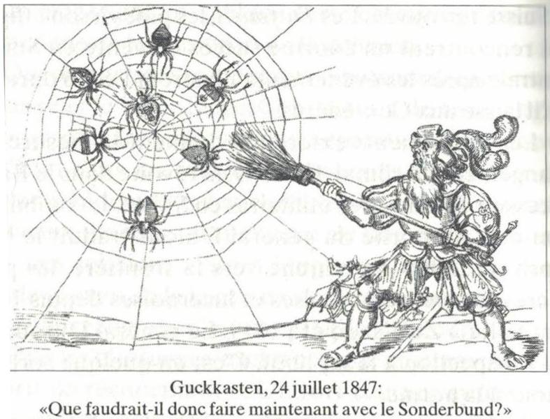 A kép aáírása: "Akkor mit tegyünk most a Sonderbunddal?"

A "pókok" az elkülönülő kantonok címereit viselik.