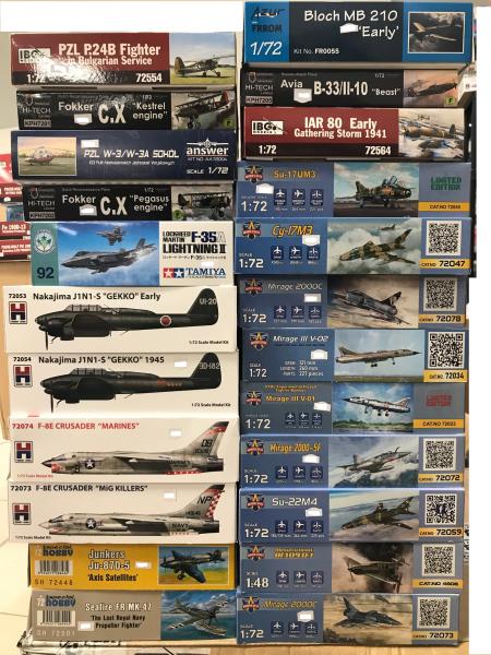 1

1:72, 1:48

IBG: PZL P-24b: 5000Ft
KP: Fokker CX: 7000Ft
Answer: PZL W-3 sokol: 11000Ft
Tamiya: F-35A: 15500Ft
Hobby 2000: J1N1 Gekko: 5000Ft
Hobby 2000: F-8E: 7000Ft
Special Hobby: Ju-87D5: 7500Ft
Special Hobby: Seafire: 8000Ft

Azur: MB210: 12000Ft
KP: IL-10: 7500Ft
IBG: IAR-80: 7500Ft
Modelsvit Mirage-ok: 14000Ft/db
Modelsvit Suhoj-ok: 14000Ft/db
Modelsvit: Bf-109D: 12000Ft