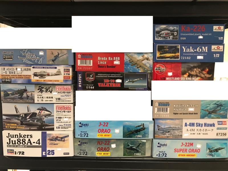 4

1:72, 1:48, 1:144

Sword: Avenger: 7500Ft
Hasegawa: A6M2 Dual combo: 11000Ft
Fine Molds: A6M5: 13500Ft
Fine Molds: F-14A: 16000Ft
Hasegawa: Ju-88A4: 12000Ft
Special Hobby: Ba-88: 8500Ft
Armory: XB-70: 19000Ft
Litaki: Orao 14500Ft/db
Amodel: K-226: 5500Ft
Amodel: Yak-6M: 6000Ft
Airfix: Sea King: 11000Ft
Airfix: Wessex: 10000Ft
Special Hobby: Ki-43 III: 6500Ft
Hobby Boss A-4M Skyhawk: 11000Ft