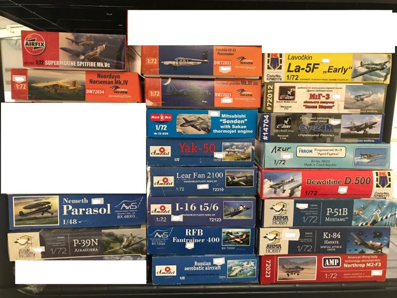 5

1:72, 1:48

Spitfire MkVc: 5000Ft
Dora Wings: Norseman: 11000Ft
Avis: Nemeth Parasol: 9500Ft
Arma Hobby: P-39N: 9000Ft
Dora Wings: Peacemaker: 10000Ft
Dora Wings: Lysander: 10000Ft
Micro Mir: Senden: 12000Ft
Amodel: Yak-50: 6500Ft
Amodel: Lear Fan: 7500Ft
Amodel: I-16 5/6: 4500Ft
Avis: Fantrainer 400: 8500Ft
Amodel: 72271 Su-31: 5500Ft
KP: LA-5F: 5500Ft
Armory: Mig-3: 9500Ft
Armory: Su-24M: 9500Ft
Azur: IK-3: 6000Ft
KP: D.500: 5500Ft
Arma Hobby: P-51B: 9500Ft
Arma Hobby: Ki-84: 8500Ft
AMP: Northrop M2: 14000Ft