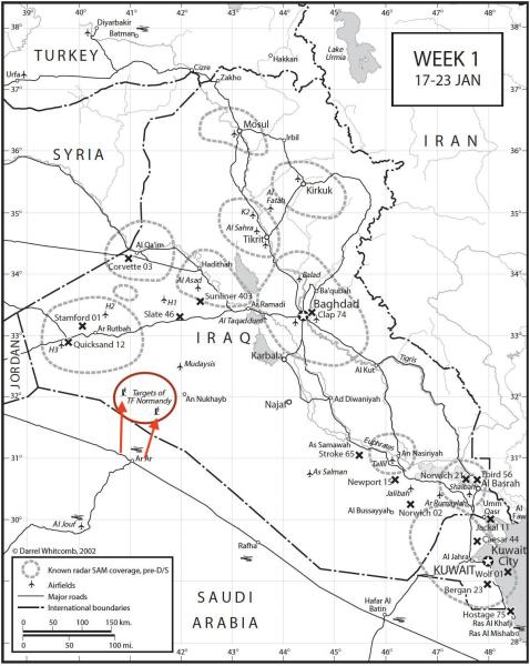 Task Force Normandy célterülete, a támadott radarállomások elhelyezkedése Irakban
